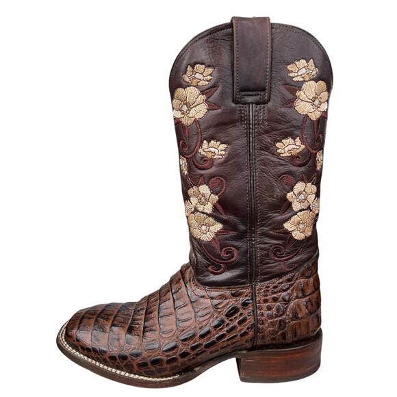 Big Bull Brown Crocadile Embroidered Floral Cowgirl Boots Size 25.5 US 8.5 - Picture 3 of 11